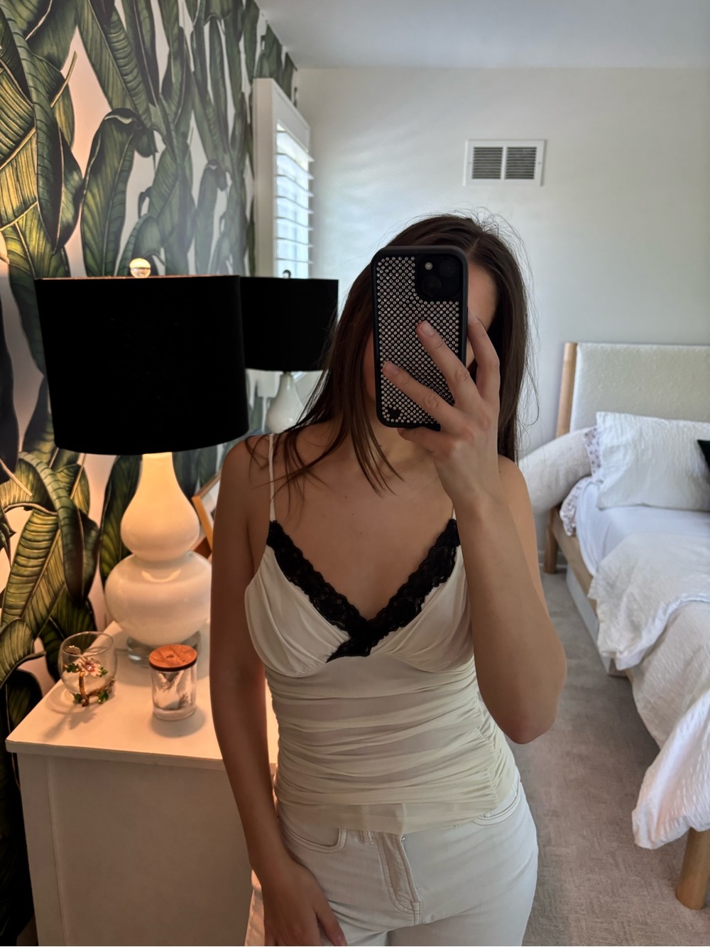 bebe Cream Cami with Black Lace Trim